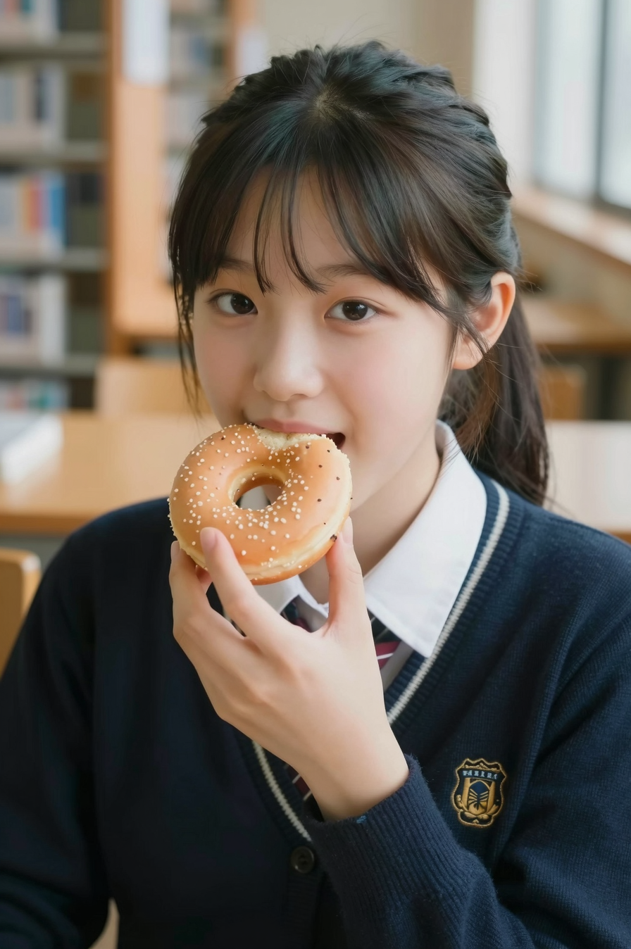 【AIエロ動画】休憩中の清楚系J◯に、ドーナツぶっかけて食べさせちゃうエロ行為！