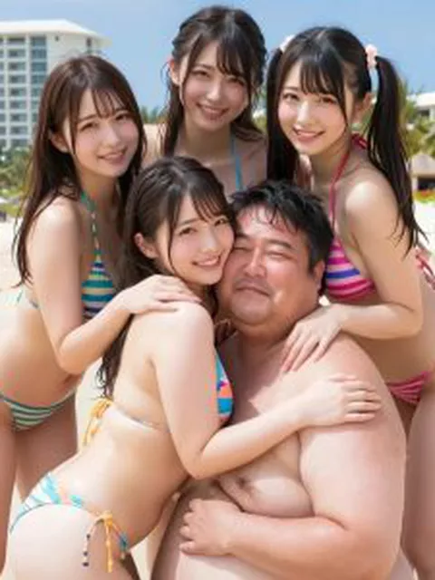 ビーチで太ったオッサンと戯れてる女子グループのAI動画