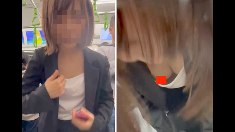 【盗撮】 電車で目の前に立ってるOLさん、屈んだ時にお○ぱい丸見えになっててエ□すぎｗｗｗ