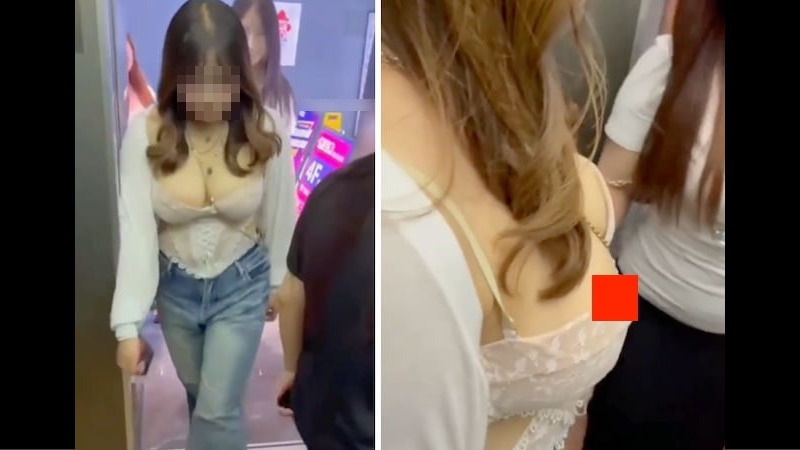 【動画】エレベーターに巨乳すぎる女が乗ってきた結果…服が耐えきれず乳首ポロリｗｗｗ