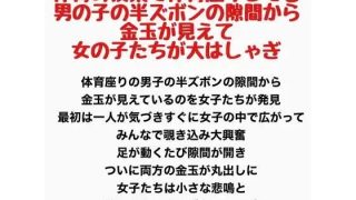 【新着同人誌】体育の授業で体育座りしてる男の子の半ズボンの隙間から金玉が見えて女の子たち…