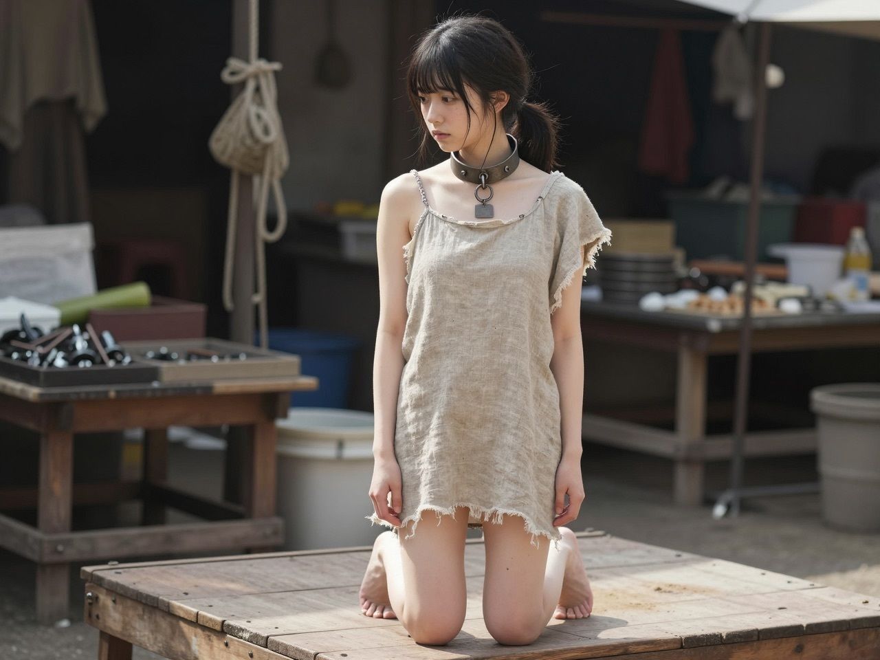 【鎖の供物】黒髪ポニーテールの生贄娘、首輪と鎖で嫌われ主人に捧げられる200枚