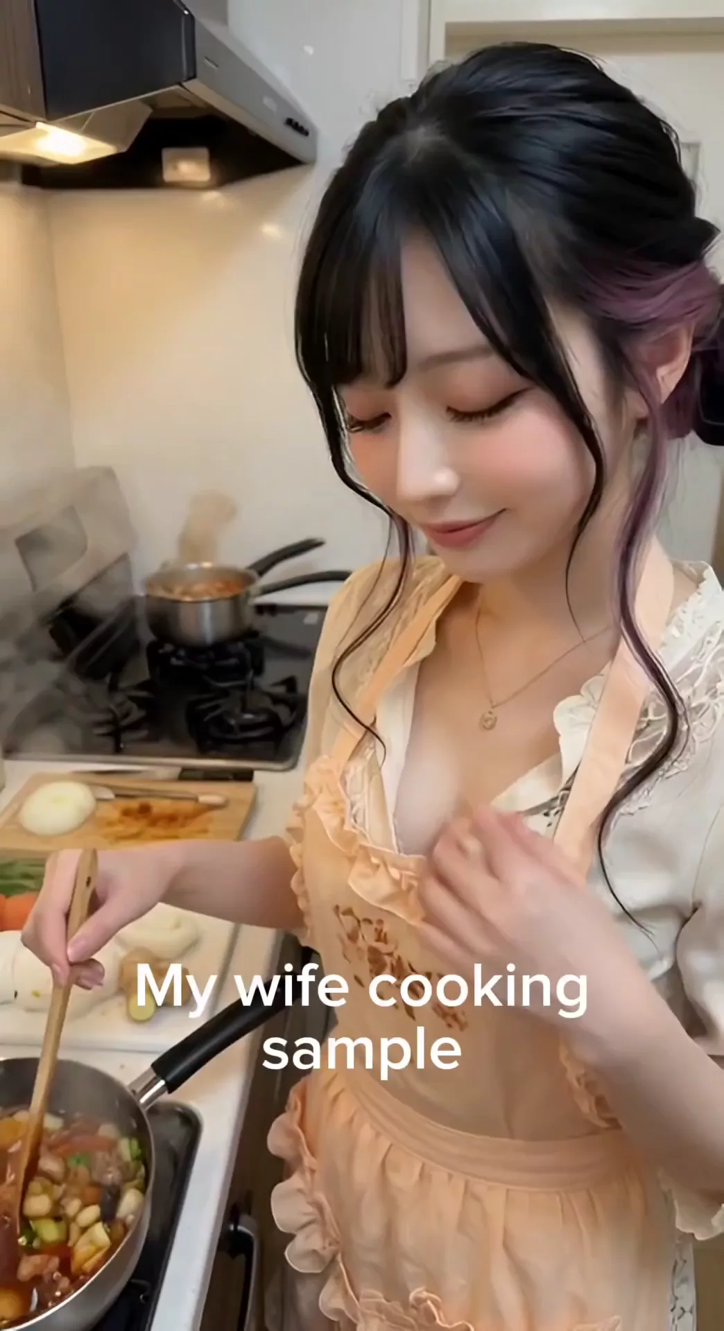 【AIエロ動画】料理中の奥さん、濡れ濡れ美女