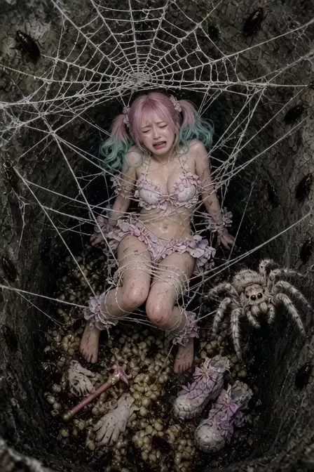 【AIエロ動画】蜘蛛に捕獲されたビキニアーマちゃん