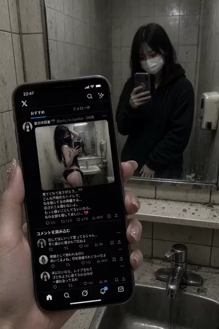 【AIエロ動画】自分の露出投稿に寄せられた罵倒コメントをオカズにする女子