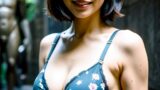 【AI貧乳腋画像】宇宙人の像の前で腋を見せるAI貧乳お姉さん