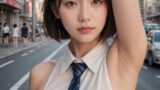 【AI腋フェチ画像】サイバーパンクの夜道で腋を見せるAI美女