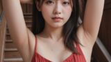 【AI腋フェチ画像】赤いシャツのAI美女が階段の前で腋を見せる