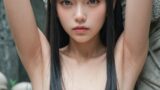【AI腋フェチ画像】宇宙人の石像の前で金のブラのAI美女が腋を見せている