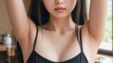 【AI腋フェチ画像】カフェの片隅、黒いキャミソールのAI美女が腋を見せる
