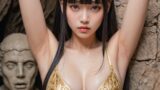 【AI腋毛画像】宇宙人の石像の前で腋毛を見せるAI美女画像