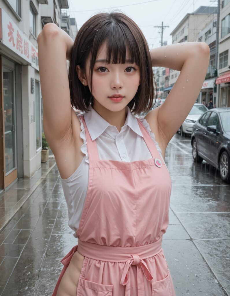 【AI腋フェチ画像】雨の中、ピンクのエプロンを着て腋を見せるAI美女