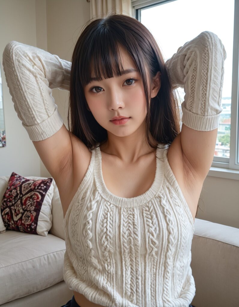 【AI腋フェチ画像】袖なしニットのAI美女の腋