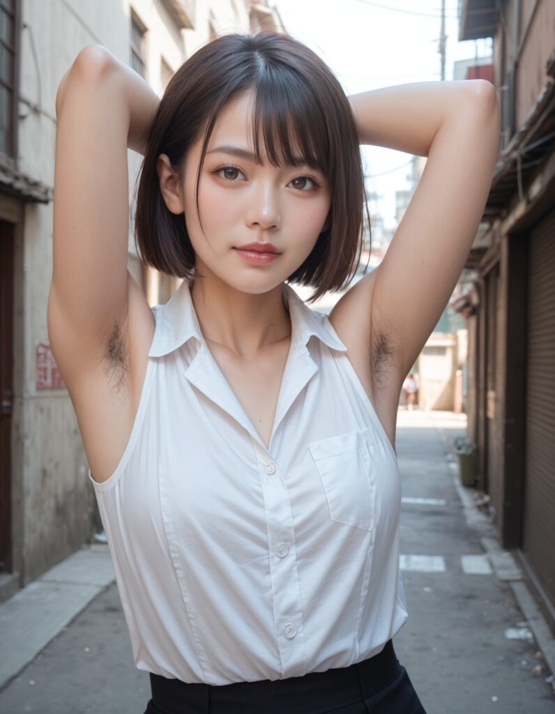 【AI腋毛画像】路地裏でこっそり腋毛を見せてくれるAIお姉さん