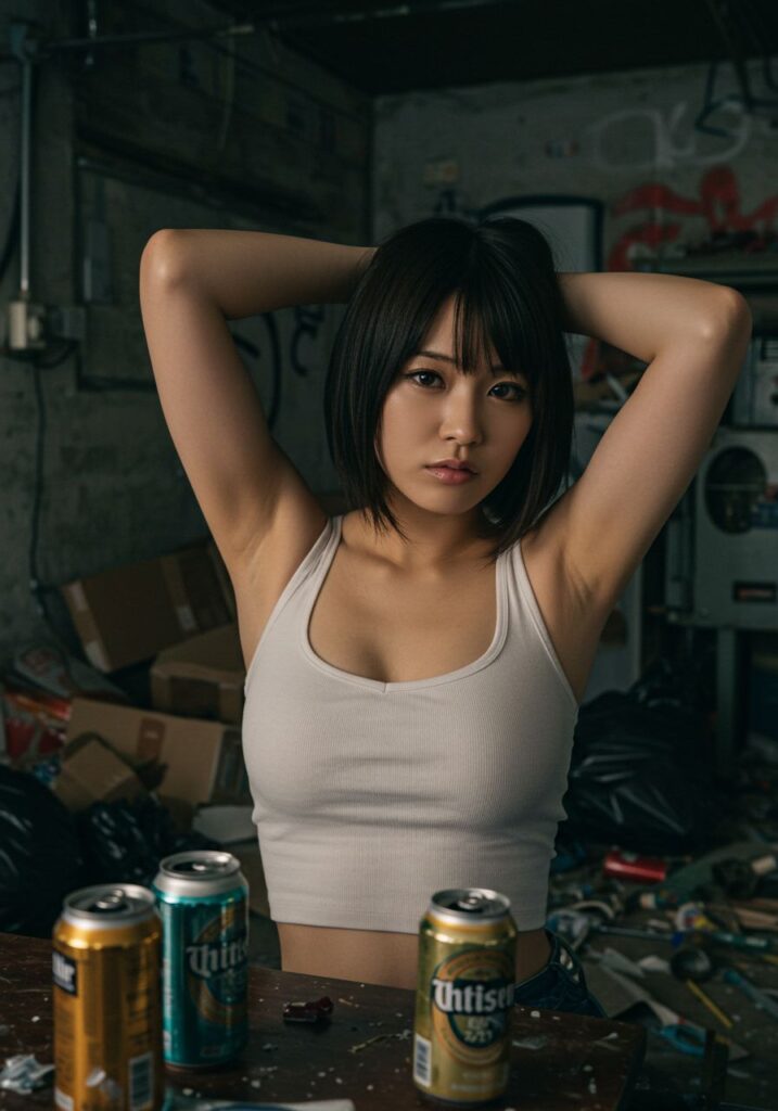 【AI腋フェチ画像】ImageFXで作った乱雑な部屋で腋を見せるAI美女