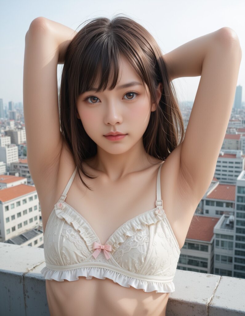 【AI腋フェチ画像】屋上でフリルの下着と腋を見せてくれるAI美女