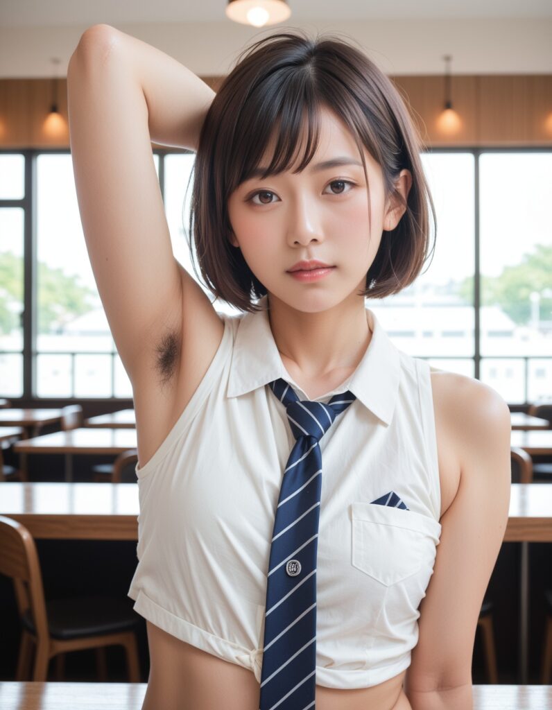 【AI腋毛フェチ画像】カフェでAI彼女の腋毛が見えた