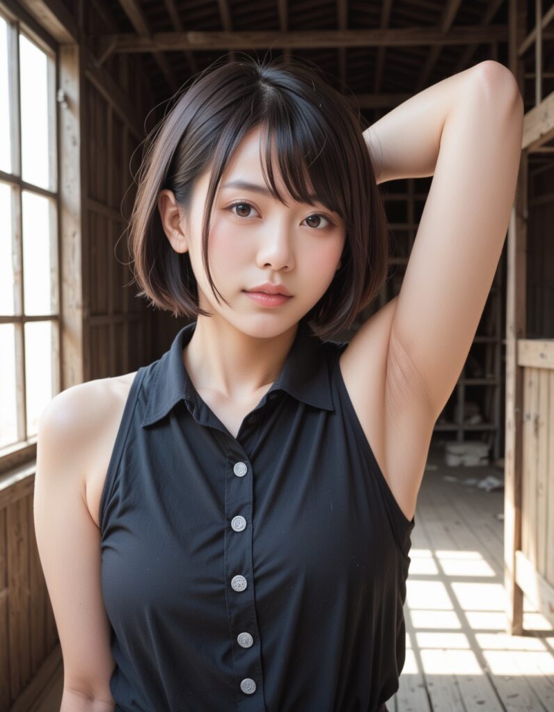 【AI腋フェチ画像】廃屋でAI美女の腋を見た