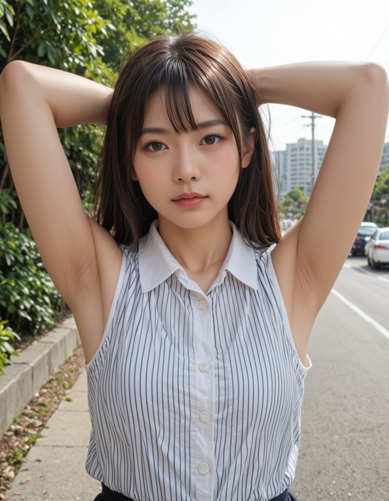 【AI腋フェチ画像】ストライプシャツのAIお姉さんが公園で腋を見せる