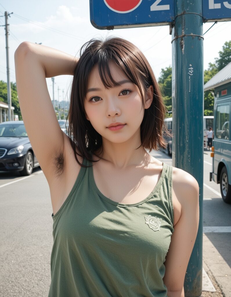 【AI腋毛画像】朝のバス停で腋毛を見せてくれたAI美女
