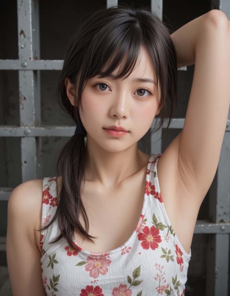 【AI腋フェチ画像】花柄シャツで腋を見せるAI美女