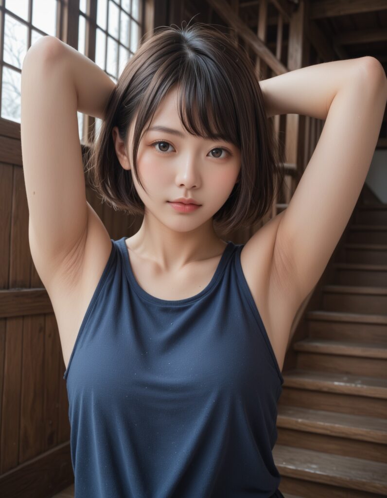 【AI腋フェチ画像】廃屋にたたずむAI美女が腋を見せる