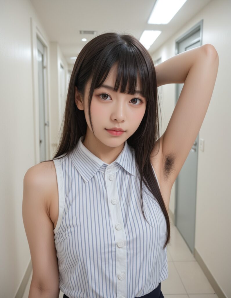 【AI腋毛画像】ストライプシャツのAI美女の腋毛