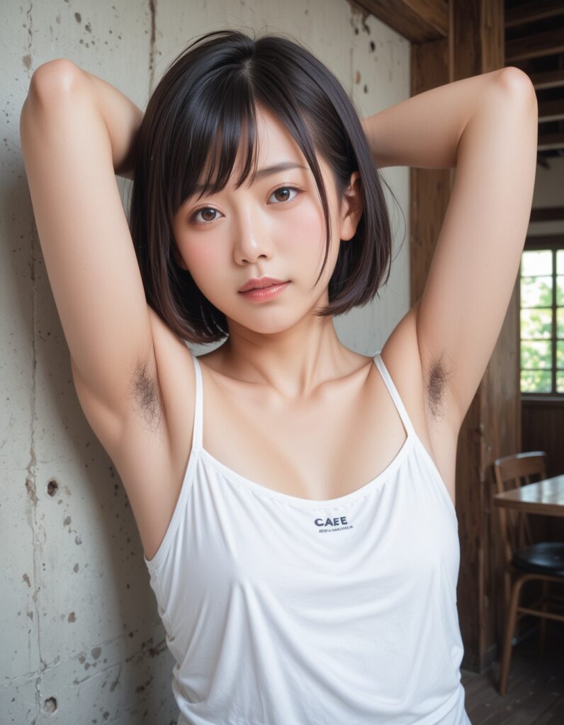 【AI腋毛画像】カフェとキャミソールとAI腋毛美女