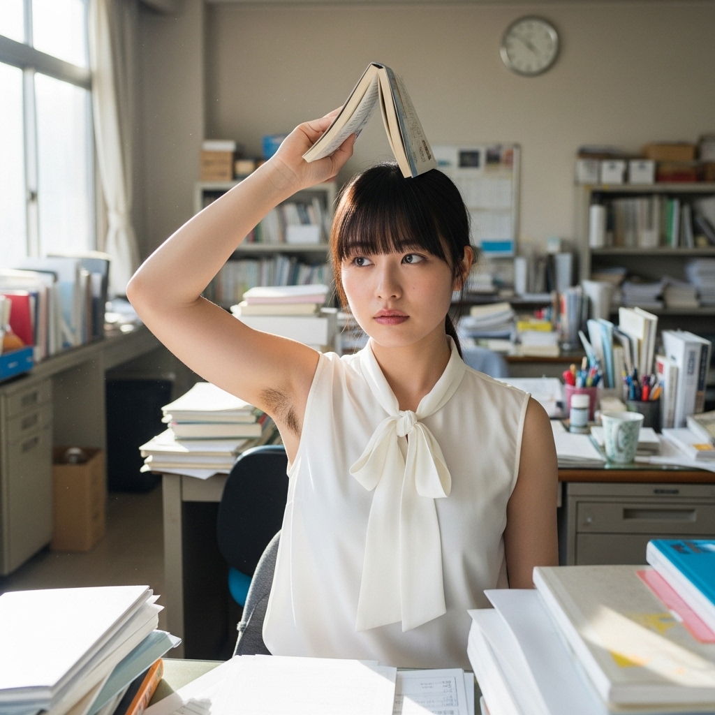 【AI腋フェチ画像】オフィスで本を掲げるAI美女の腋毛