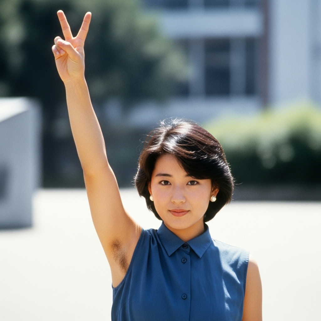 【AI腋毛画像】1980年代の女性にカメラを向ければピースしてくれますね