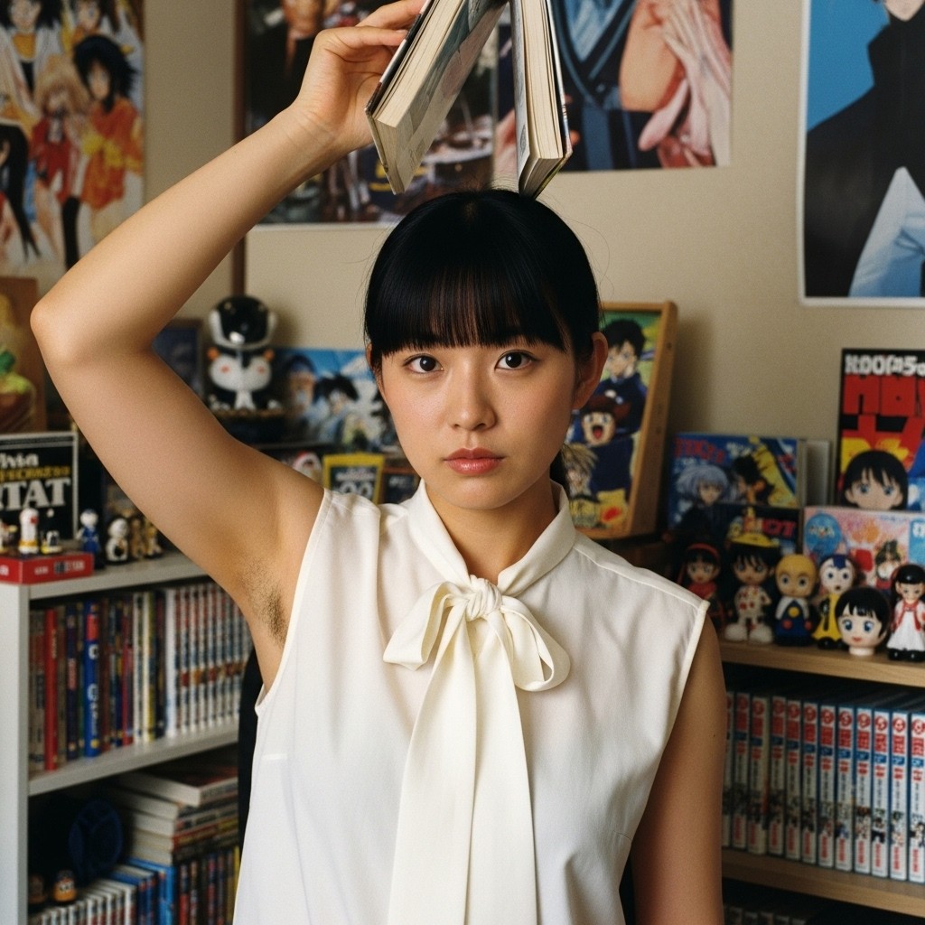 【AI腋毛画像】1980年代のオタク部屋で腋毛を見せてくれたAI女性