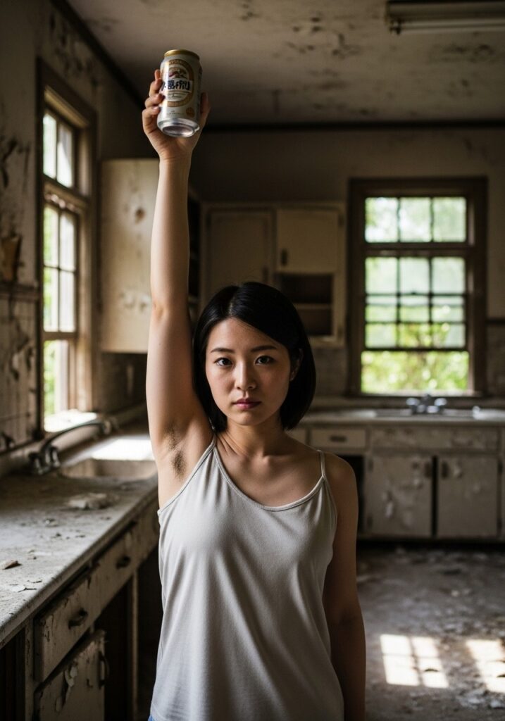 【AI腋フェチ画像】廃墟のキッチンで缶ビールを掲げるAI美女の腋