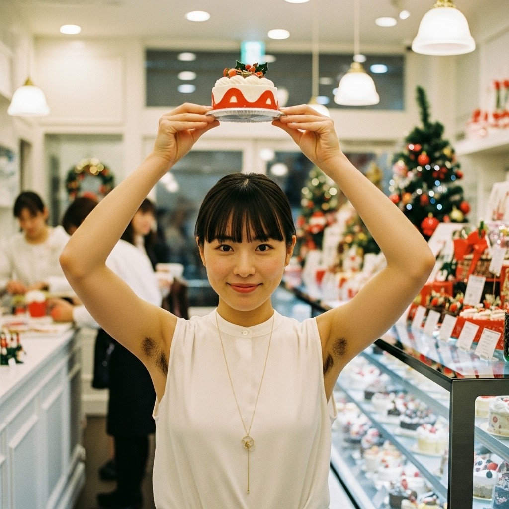 【AI腋毛画像】クリスマスケーキを掲げるAI美女の腋毛