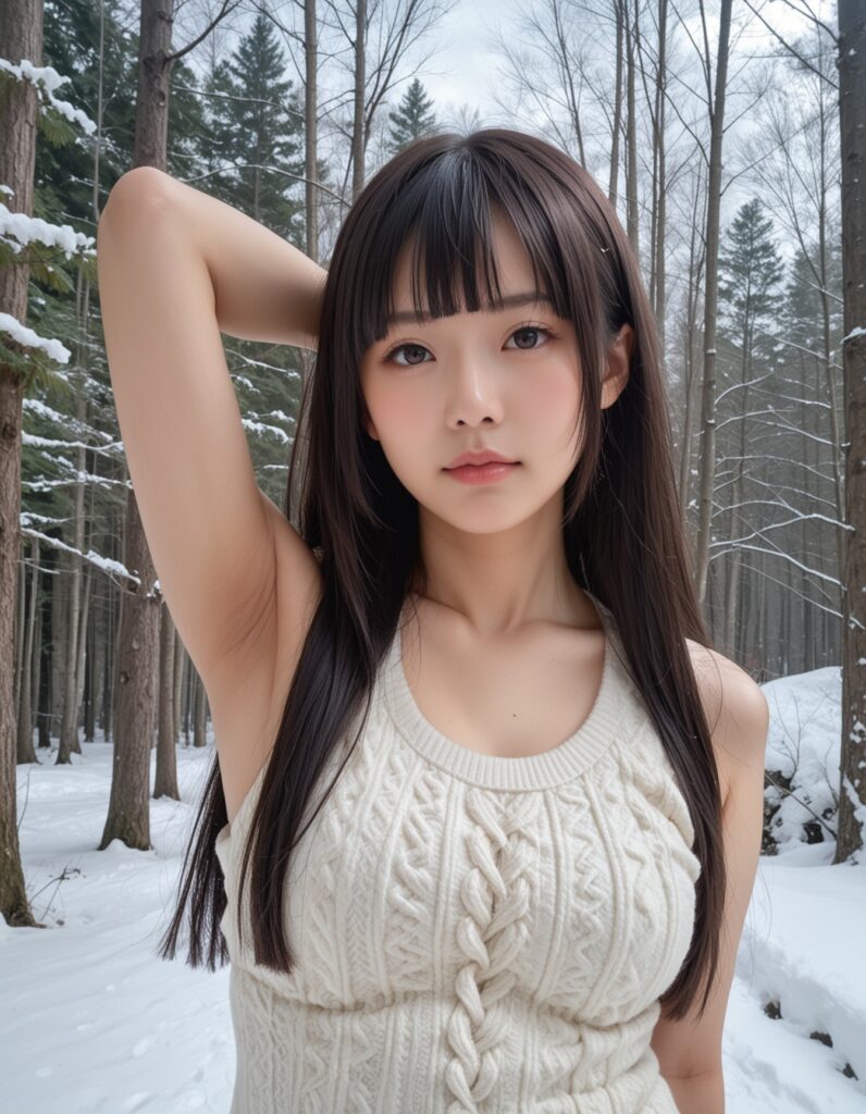 【AI腋フェチ画像】冬の森の奥で腋を見せるAI美女