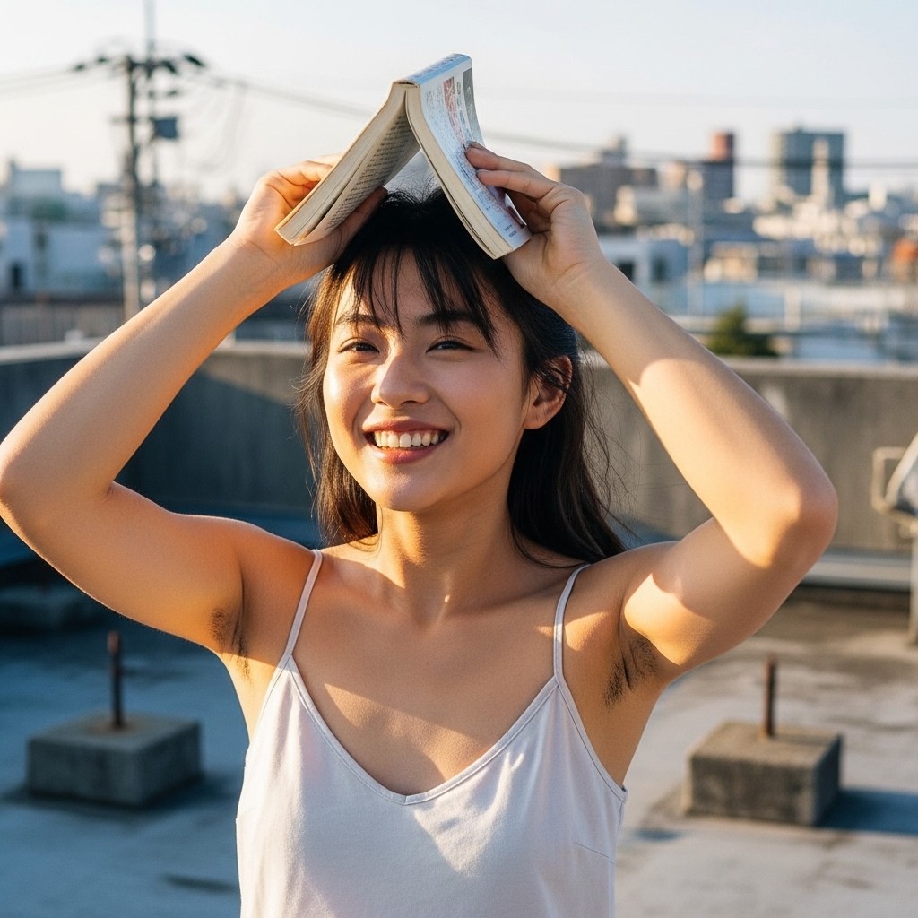 【AI腋毛画像】屋上で腋毛を見せてくれるAI美女