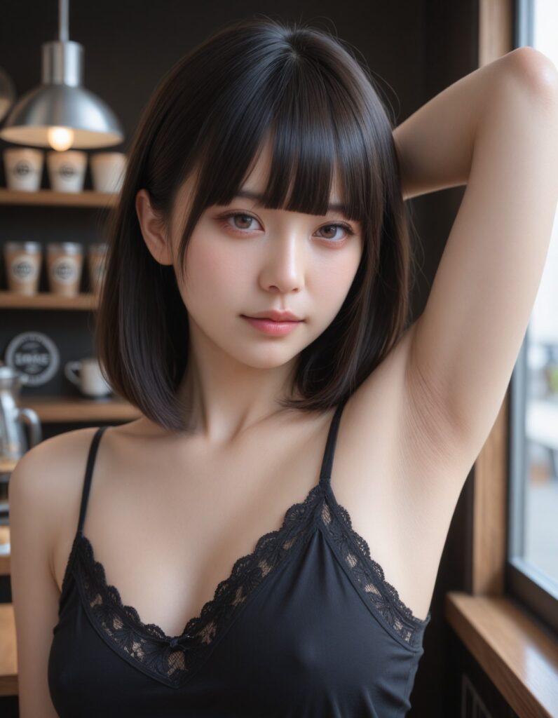 【AI腋フェチ画像】カフェとキャミソールのAI美女画像