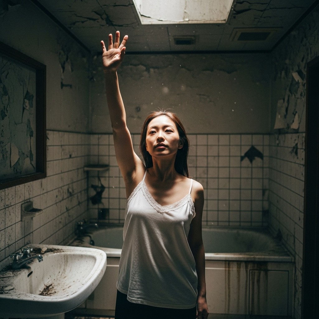 【AI腋フェチ画像】廃墟のバスルームとAI美女の腋