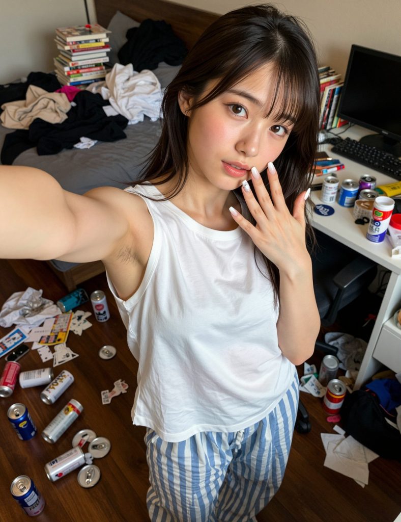 【AI腋フェチ画像】散らかった部屋でも腋を見せてくれるAI美女