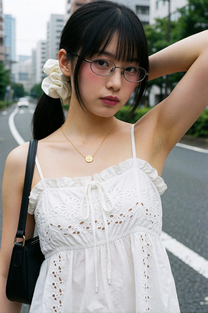 【AI腋フェチ画像】白いワンピースのメガネAI美女の腋を見る