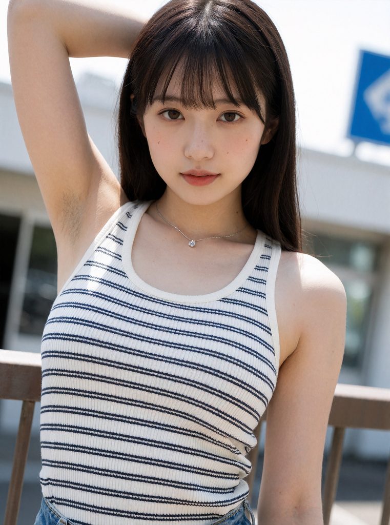 【AI腋毛画像】ボーダーのタンクトップのAI美女の腋毛