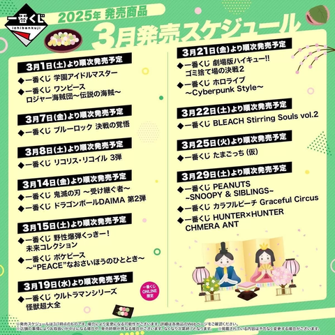 「一番くじ」2025年3月発売のスケジュールをチェック! – 劇場版ハイキュー!!、ホロライブ、カラフルピーチなど全16アイテム