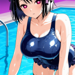 【エロ画像】黒青グラデショート巨乳×スクール水着_AI_アニメエロ画像