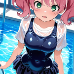 【エロ画像】桜色ツインテール巨乳×スクール水着_AI_アニメエロ画像