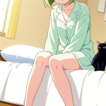 【エロ画像】緑髪ボブ猫耳スレンダー×寝起き・パジャマ_AI_アニメエロ画像