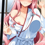 【エロ画像】ピンク髪ウェーブロングスレンダ×ガラスおっぱい押し付け_AI_アニメエロ画像