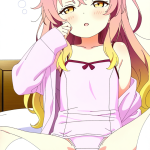 【エロ画像】ピンク髪ハーフアップロリ体型×寝起き・パジャマ_AI_アニメエロ画像