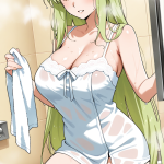 【エロ画像】緑髪ロング巨乳スレンダー×お風呂・入浴_AI_アニメエロ画像