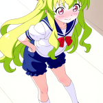 【エロ画像】ライム色セミロング細身×体操服・ブルマ_AI_アニメエロ画像