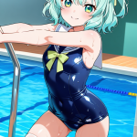 【エロ画像】水色ハーフアップ細身長身×スクール水着_AI_アニメエロ画像