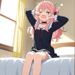 【エロ画像】ピンク髪お団子細身モデル×寝起き・パジャマ_AI_アニメエロ画像